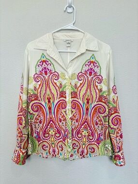 Harold's Retro Vintage Paisley Button Front Blouse Multicolor Long Sleeve Medium